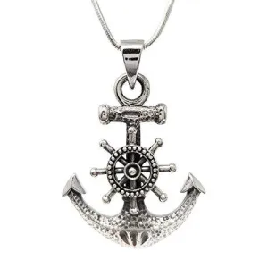 Sterling Silver Anchor Ship Wheel Pendant Chain Necklace For Men And Women