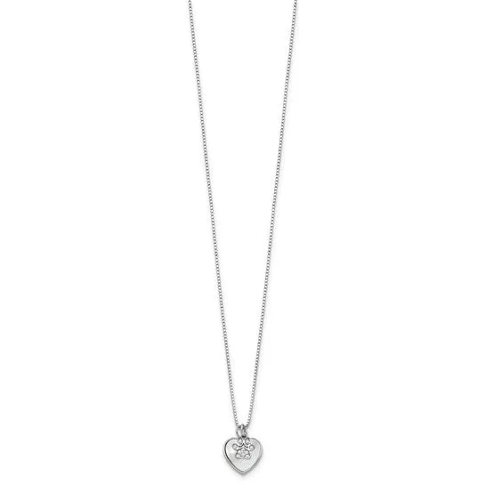 Sterling Silver Mother or Pearl Heart with CZ Paw Necklace