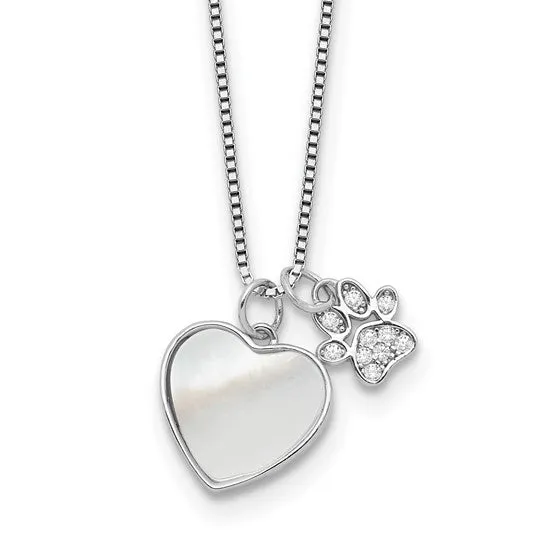 Sterling Silver Mother or Pearl Heart with CZ Paw Necklace