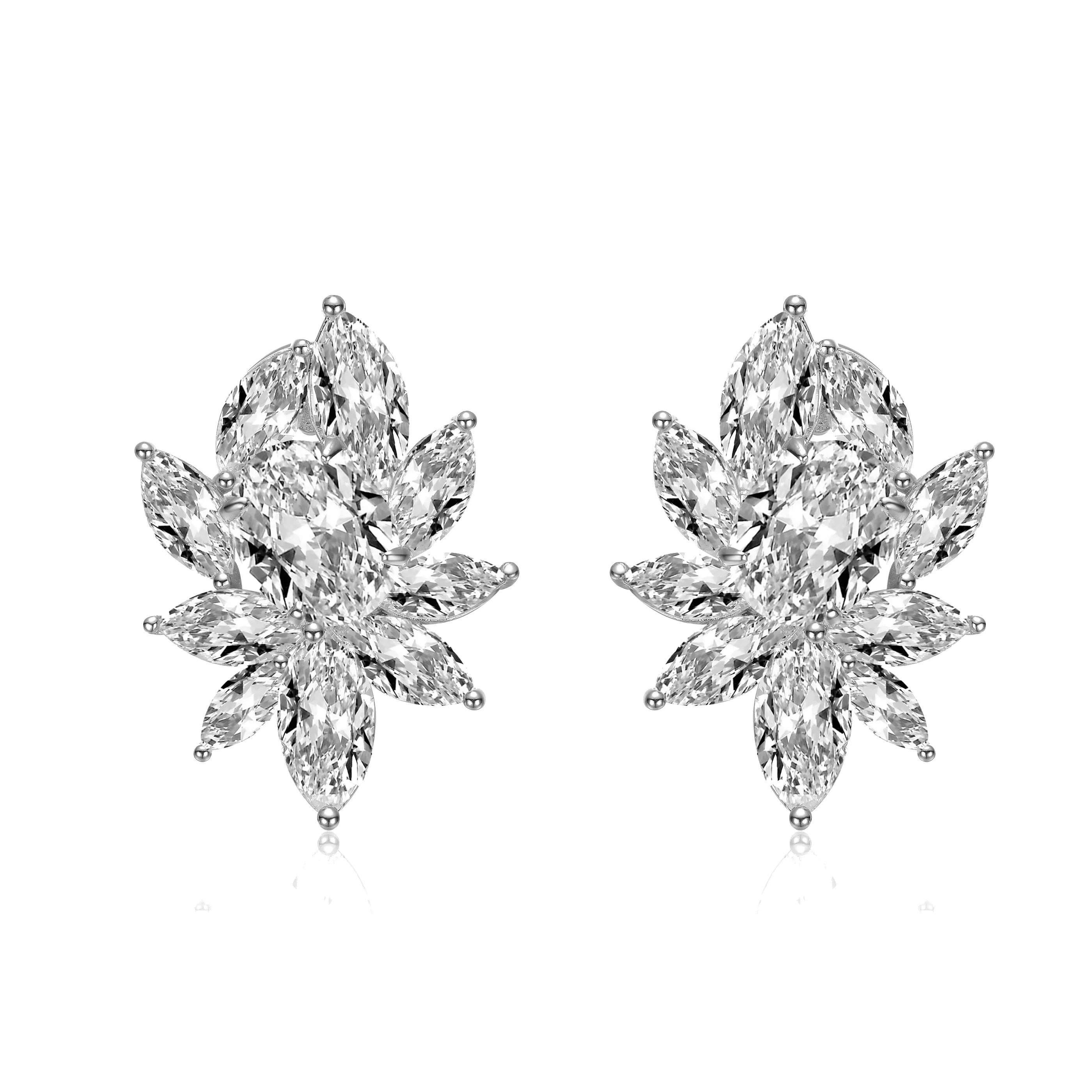 Sterling Silver Rhodium Plated Cubic Zirconia Corsage Flower Cluster Stud Earrings