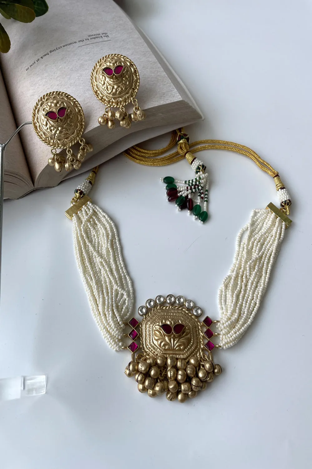 Temple Motif With Pearl Necklace Set