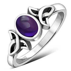 Thin Solid Silver Celtic Ring set w/ Amethyst Stone