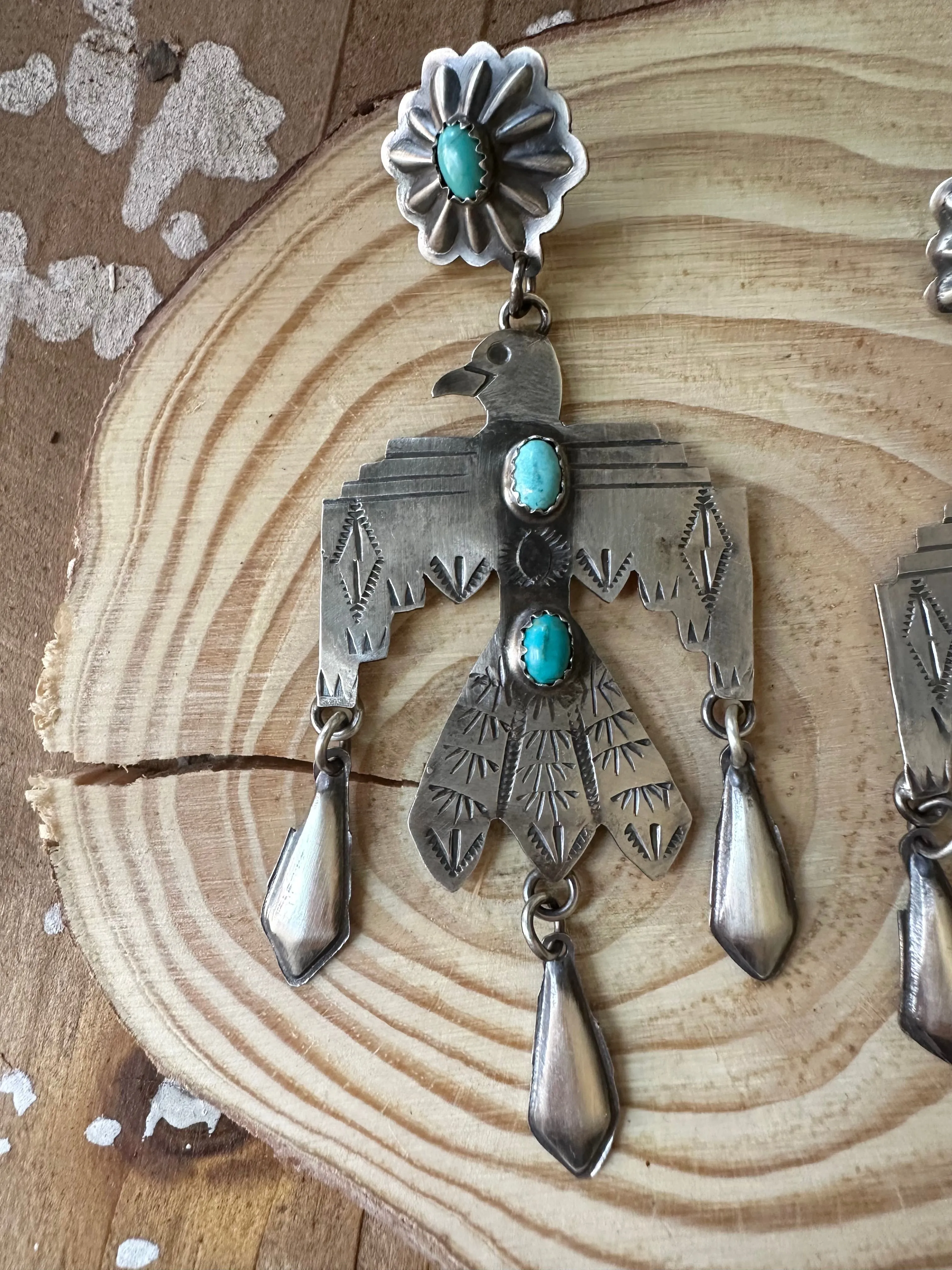 THUNDERBIRD LJC Sterling Silver and Turquoise Navajo Statement Earrings