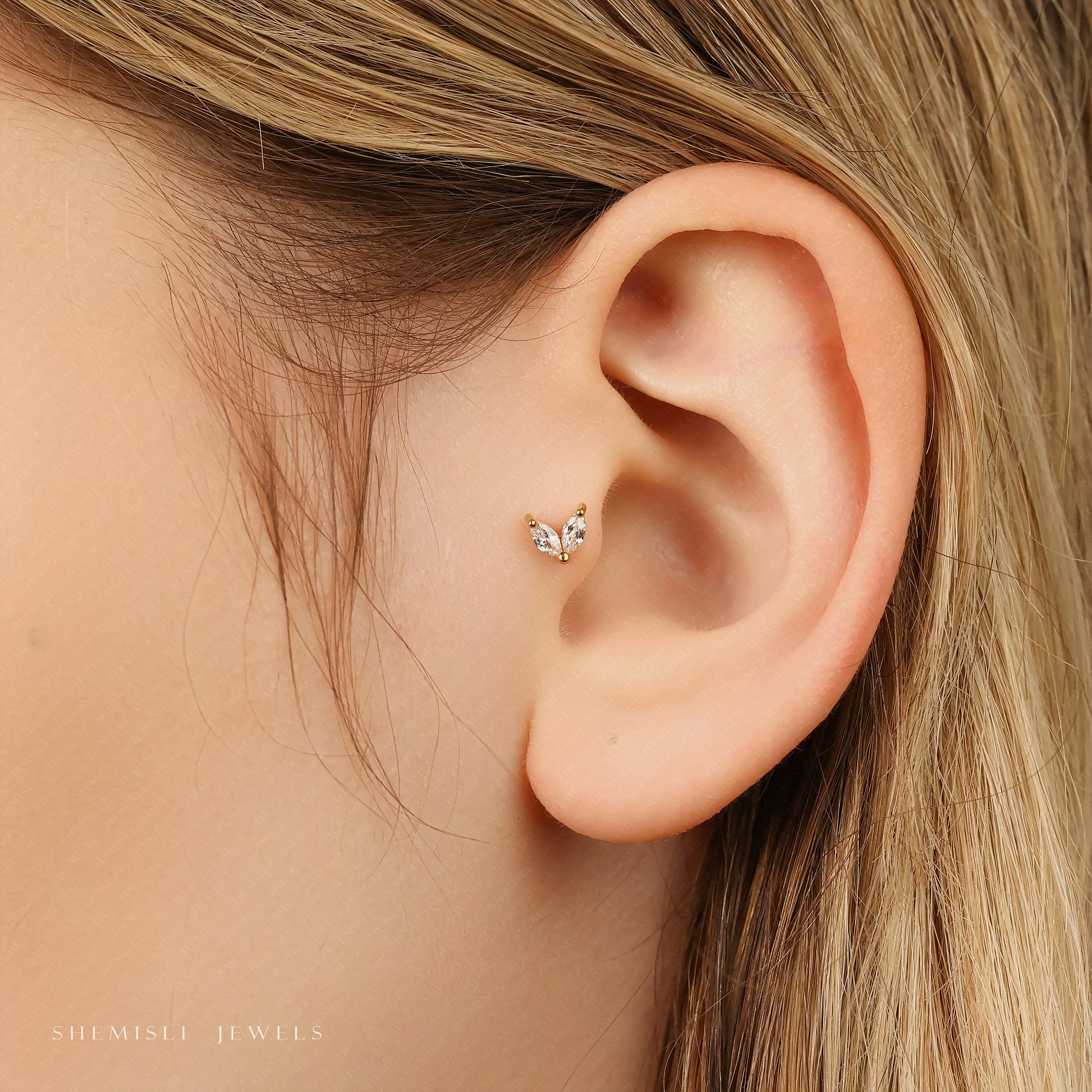 Tiny 2 Leaf White Stone Threadless Flat Back Tragus Stud, 20,18,16ga, 5-10mm, Unisex, Surgical Steel, SHEMISLI SS547