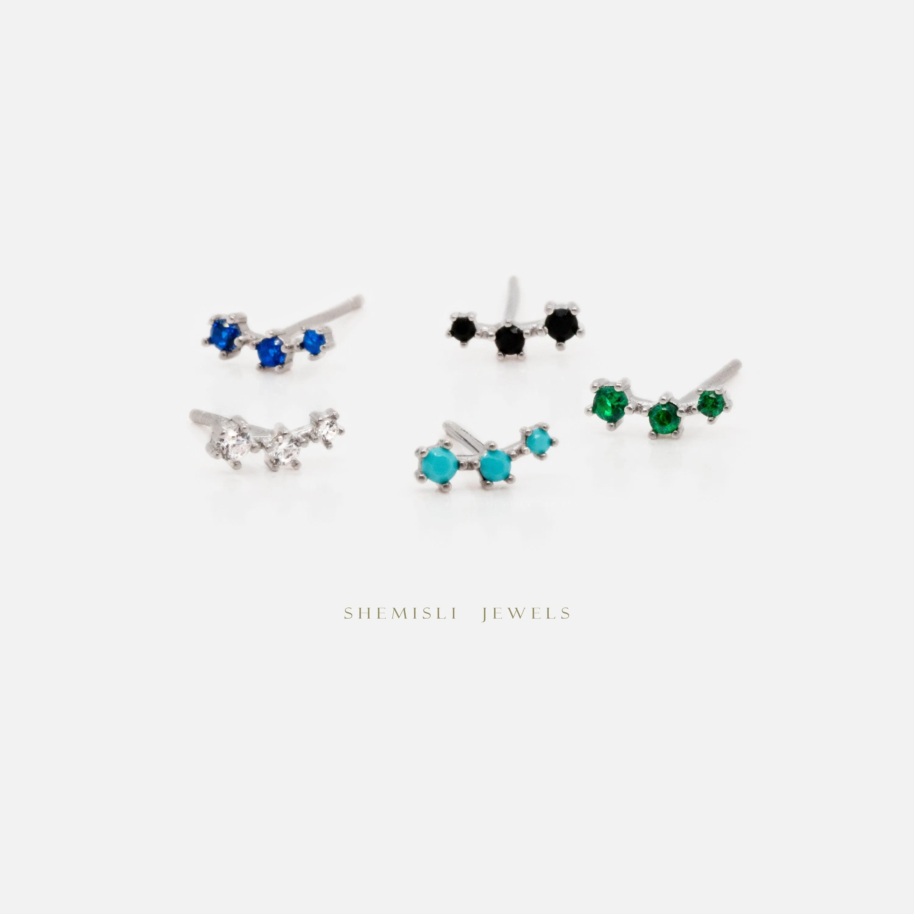 Tiny Triple Stones Climber Stud Earrings, White, Emerald, Turquoise, Sapphire, Black, Unisex, Gold, Silver SS125, SS126, SS248, SS249, SS250