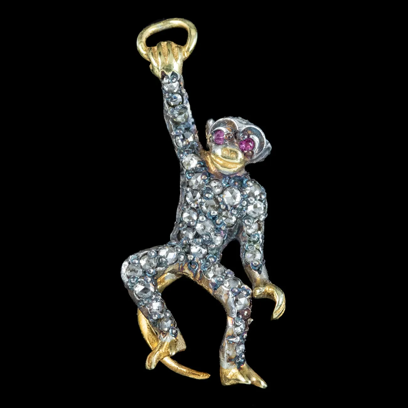 Victorian Style Diamond Monkey Charm Pendant Ruby Eyes