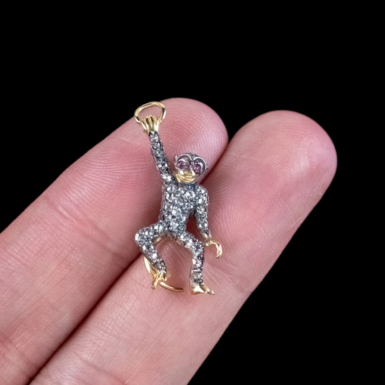 Victorian Style Diamond Monkey Charm Pendant Ruby Eyes