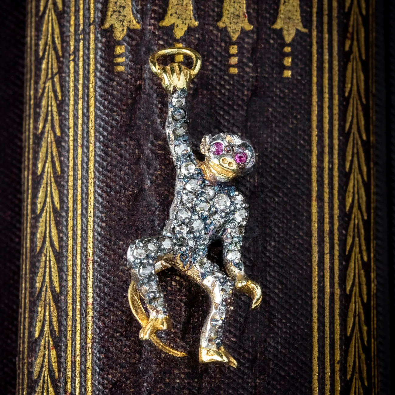 Victorian Style Diamond Monkey Charm Pendant Ruby Eyes