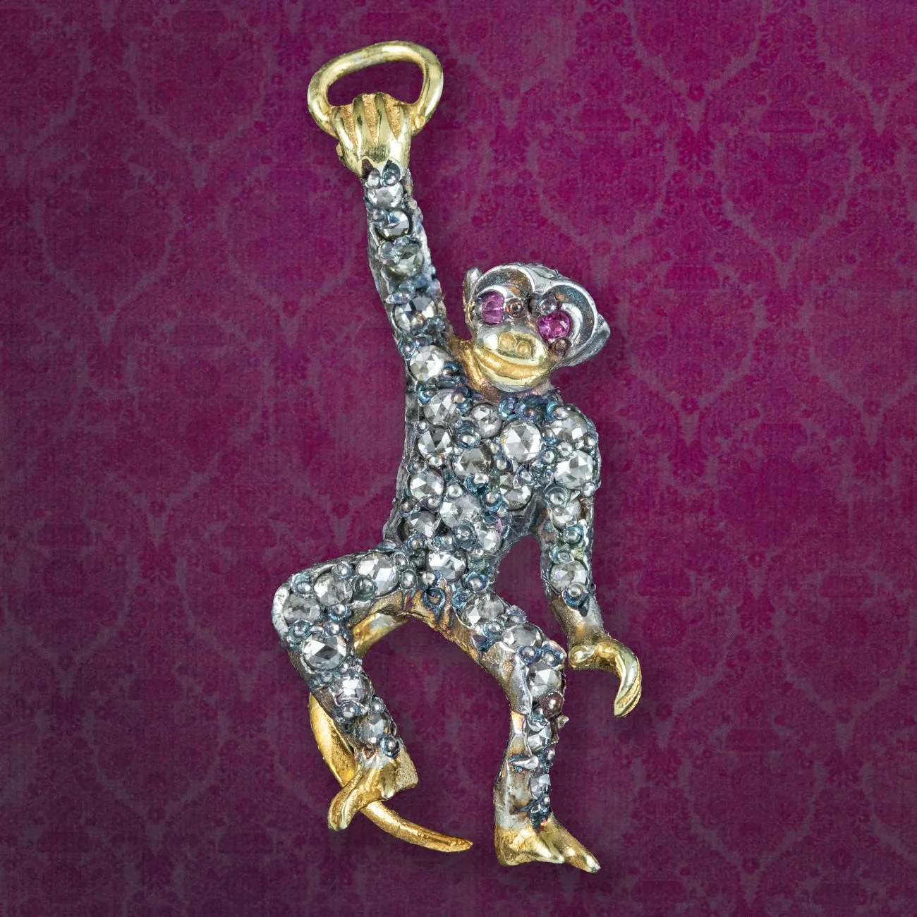 Victorian Style Diamond Monkey Charm Pendant Ruby Eyes