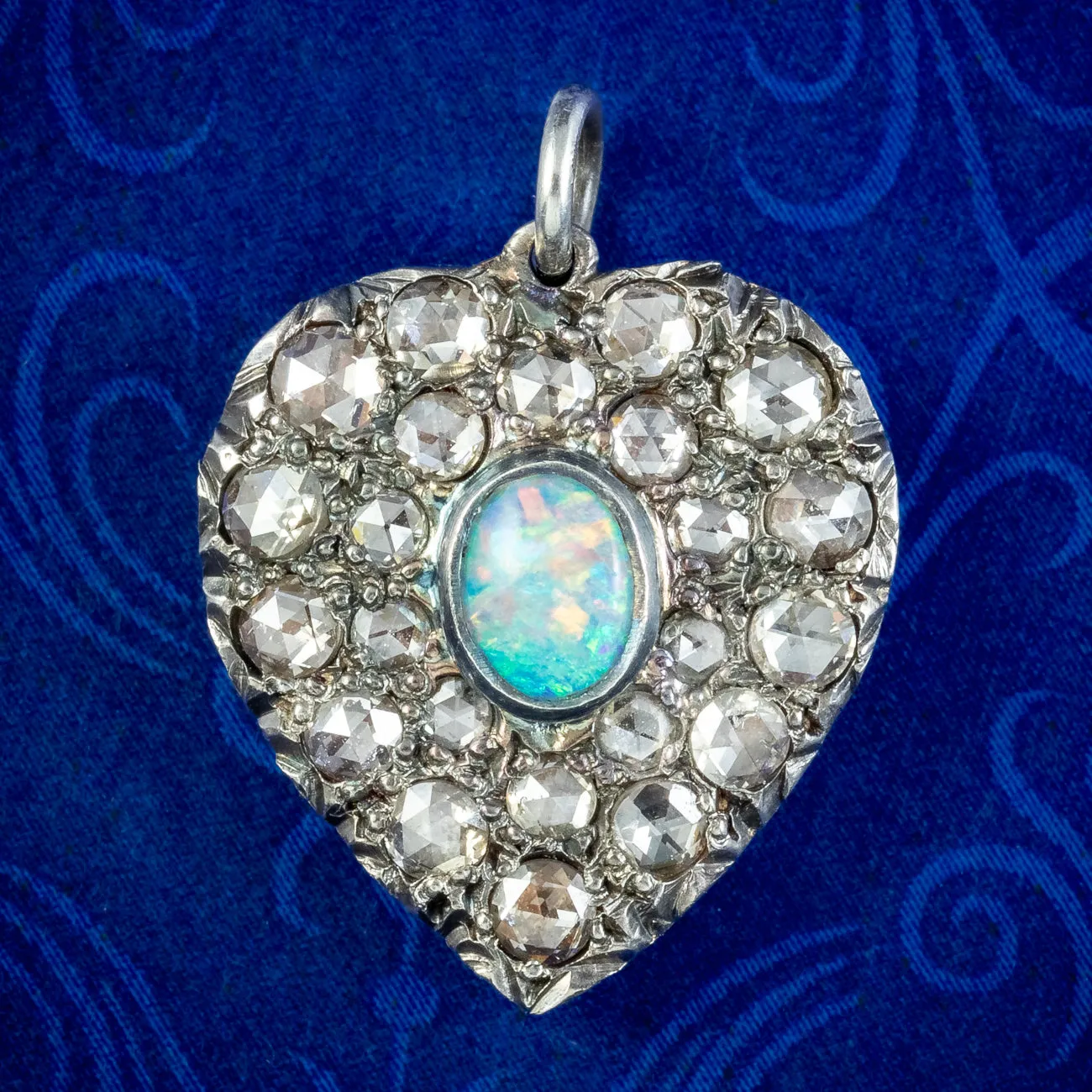 Victorian Style Opal Diamond Heart Pendant Silver 18ct Gold