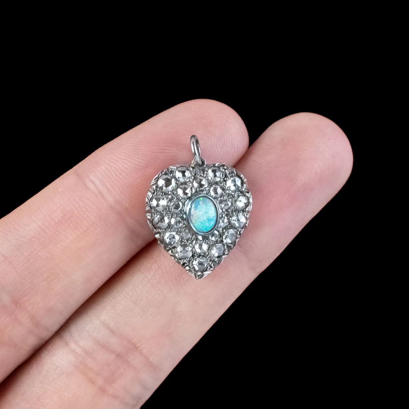 Victorian Style Opal Diamond Heart Pendant Silver 18ct Gold