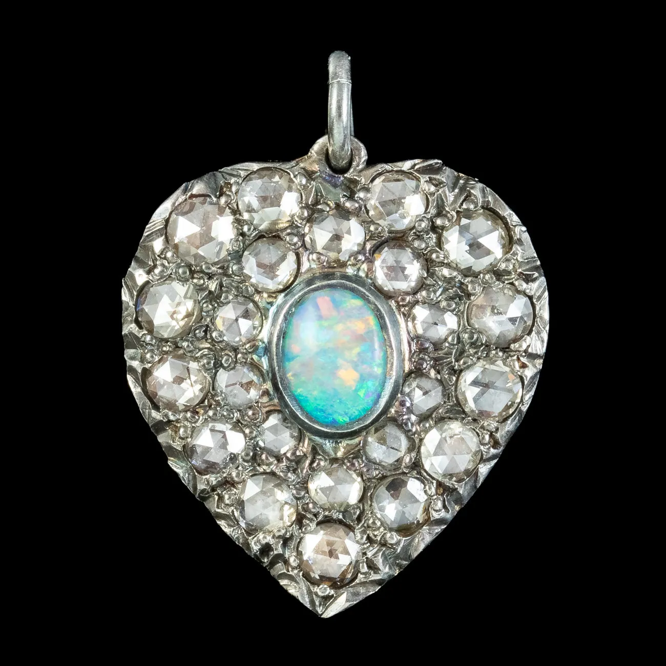 Victorian Style Opal Diamond Heart Pendant Silver 18ct Gold