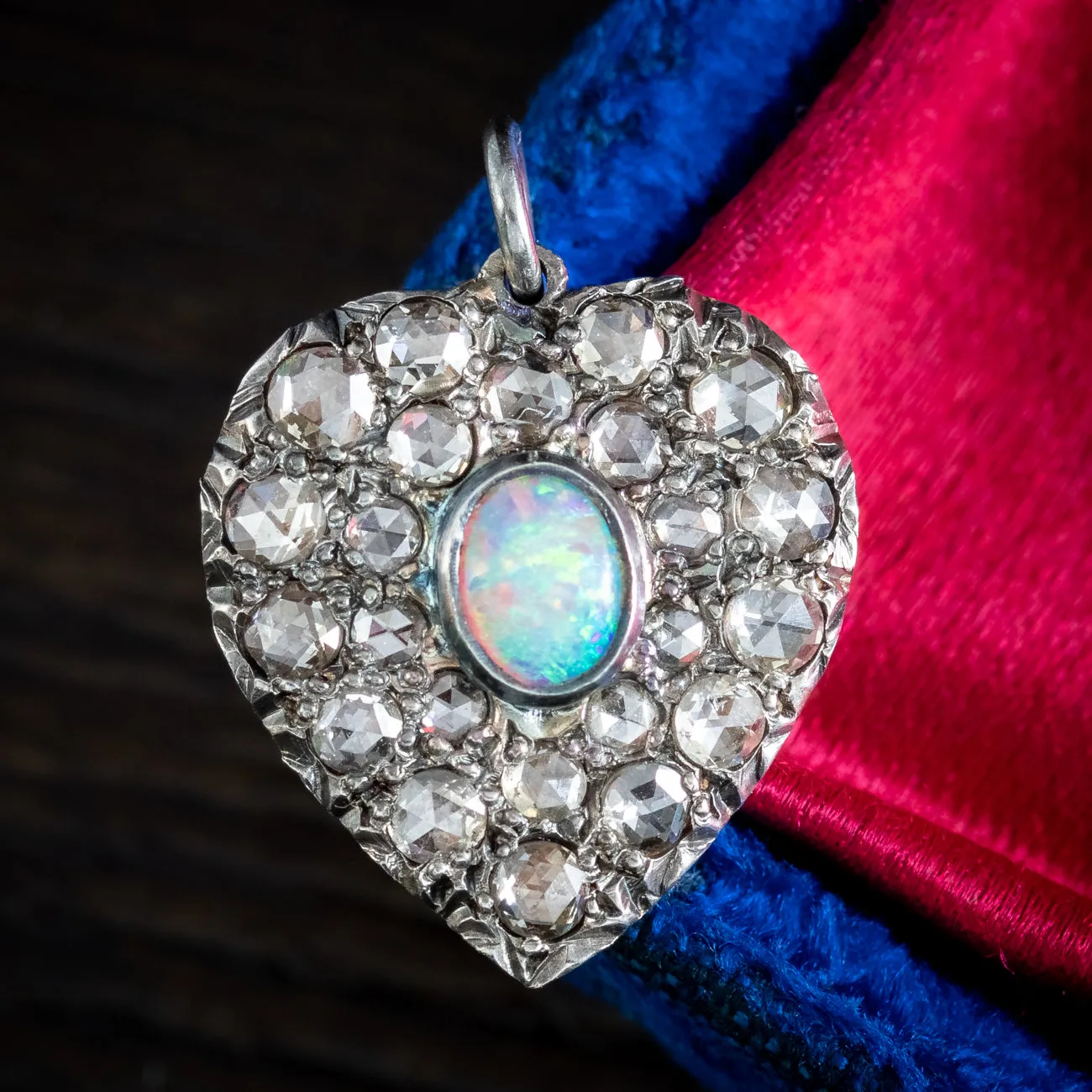 Victorian Style Opal Diamond Heart Pendant Silver 18ct Gold