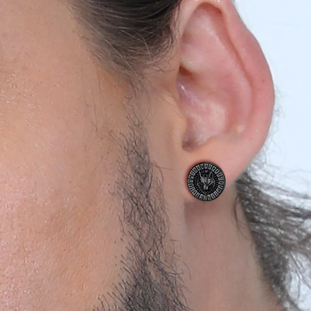 Viking Wolf Head Stud Earrings with Runes For Men