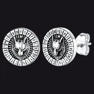 Viking Wolf Head Stud Earrings with Runes For Men