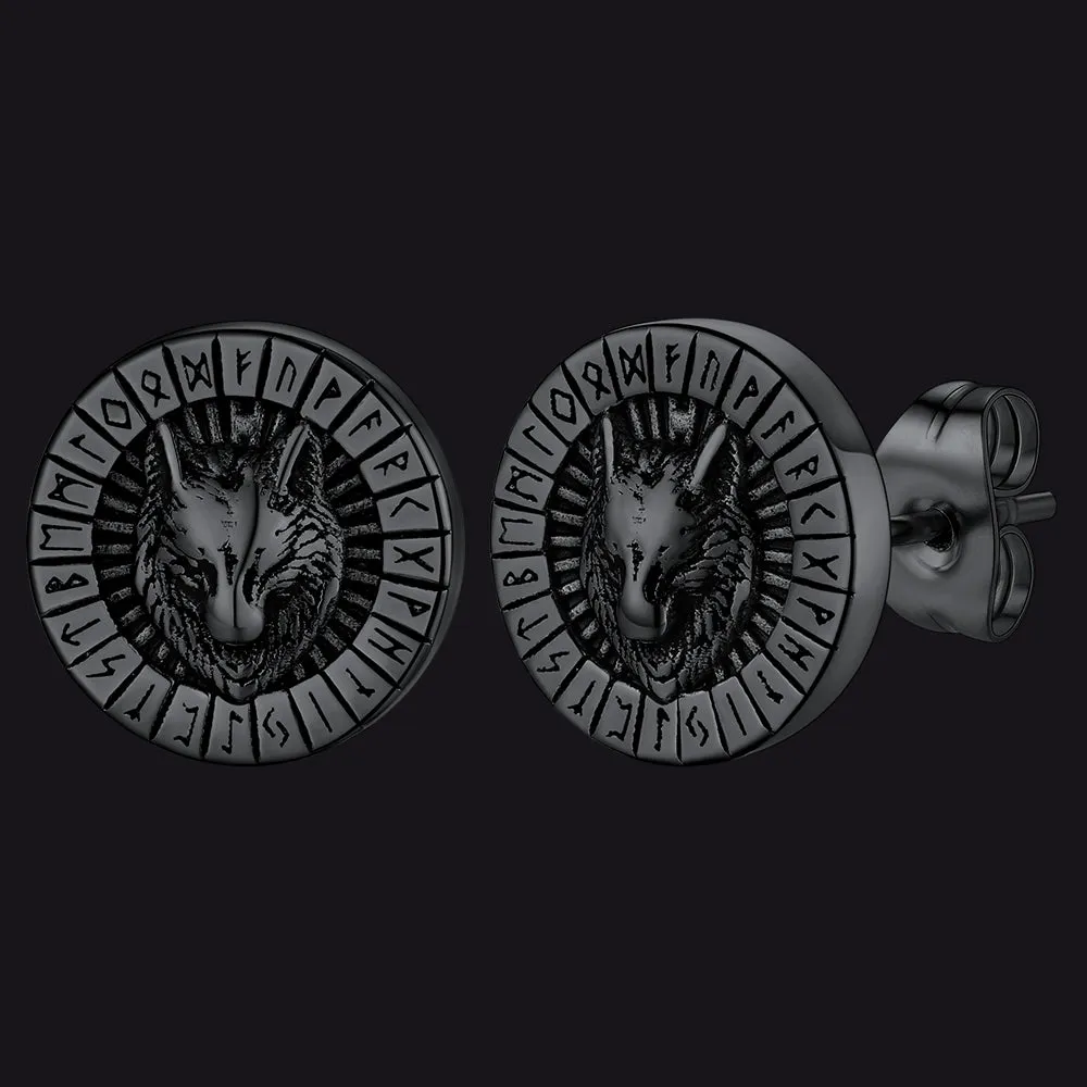 Viking Wolf Head Stud Earrings with Runes For Men