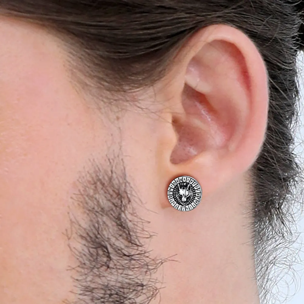 Viking Wolf Head Stud Earrings with Runes For Men