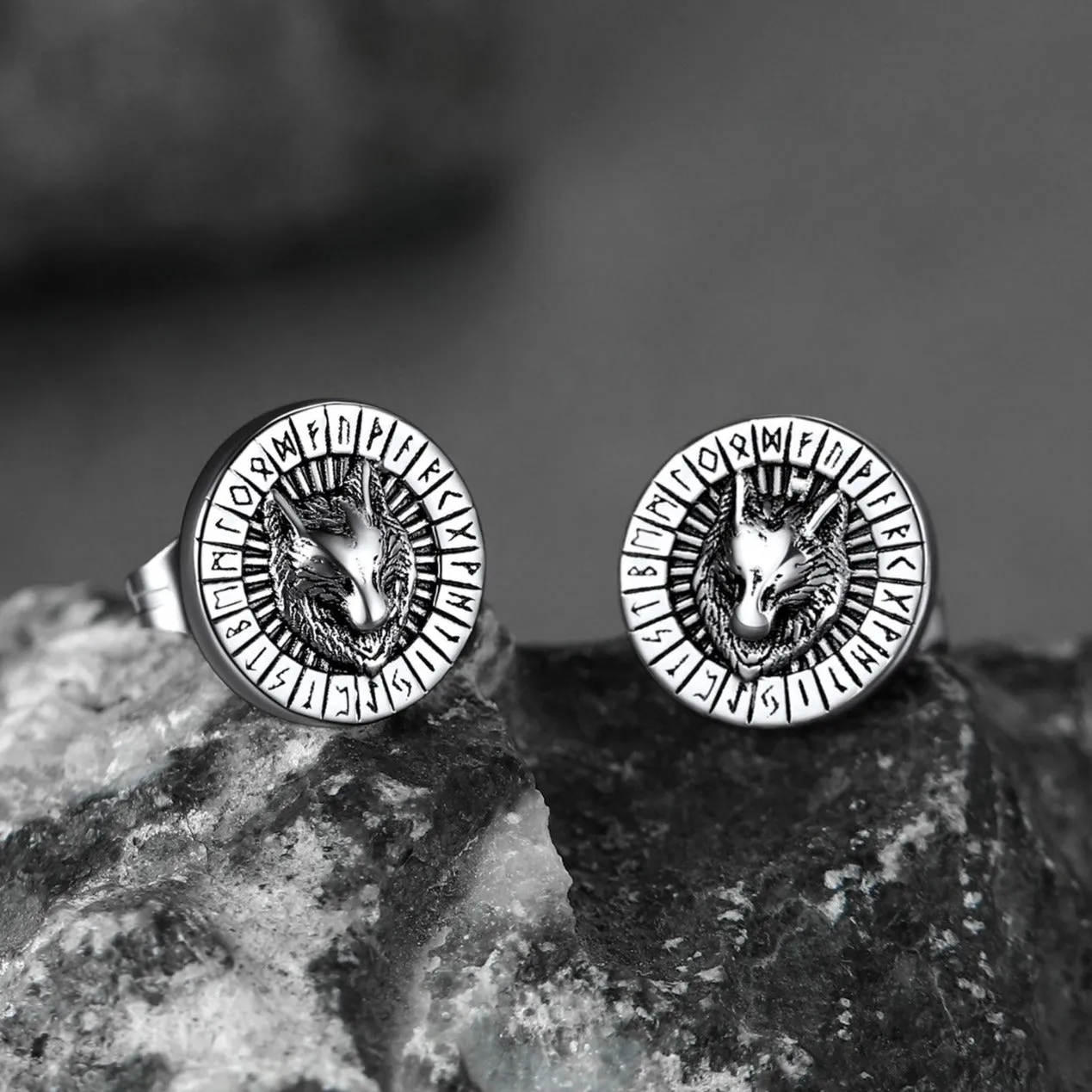 Viking Wolf Head Stud Earrings with Runes For Men