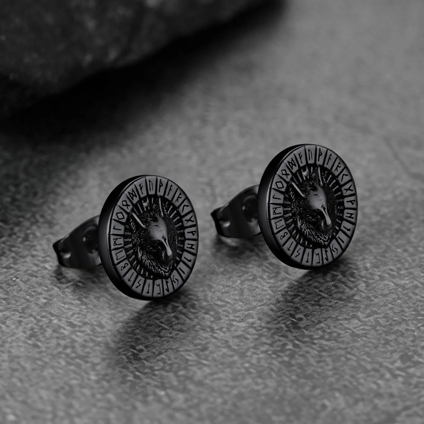 Viking Wolf Head Stud Earrings with Runes For Men