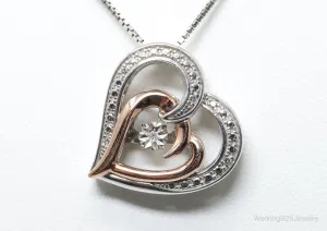 Vintage 10K Rose Gold Diamond Heart Sterling Silver Necklace - 18 Inch Chain