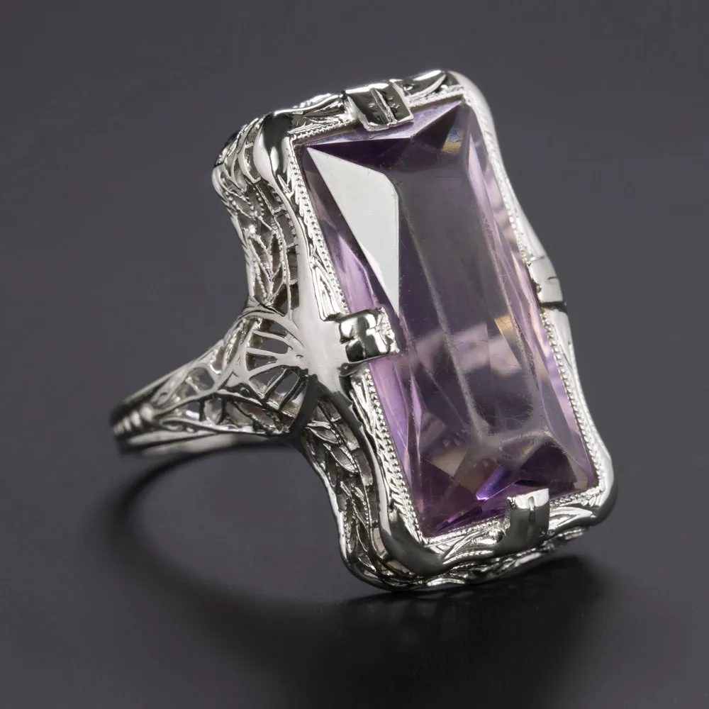 VINTAGE AMETHYST FILIGREE RING 14K WHITE GOLD SOLITAIRE ART DECO ESTATE PURPLE