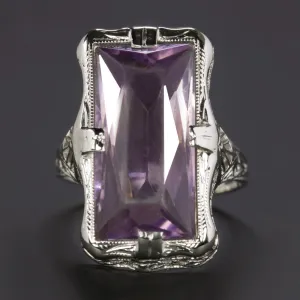 VINTAGE AMETHYST FILIGREE RING 14K WHITE GOLD SOLITAIRE ART DECO ESTATE PURPLE