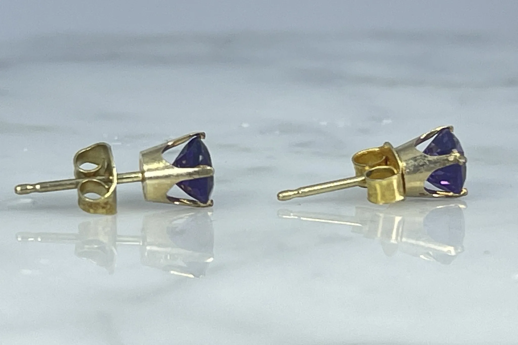 Vintage Amethyst Petite Round Earrings set in 14K Gold. February Birthstone. 6th Anniversary.