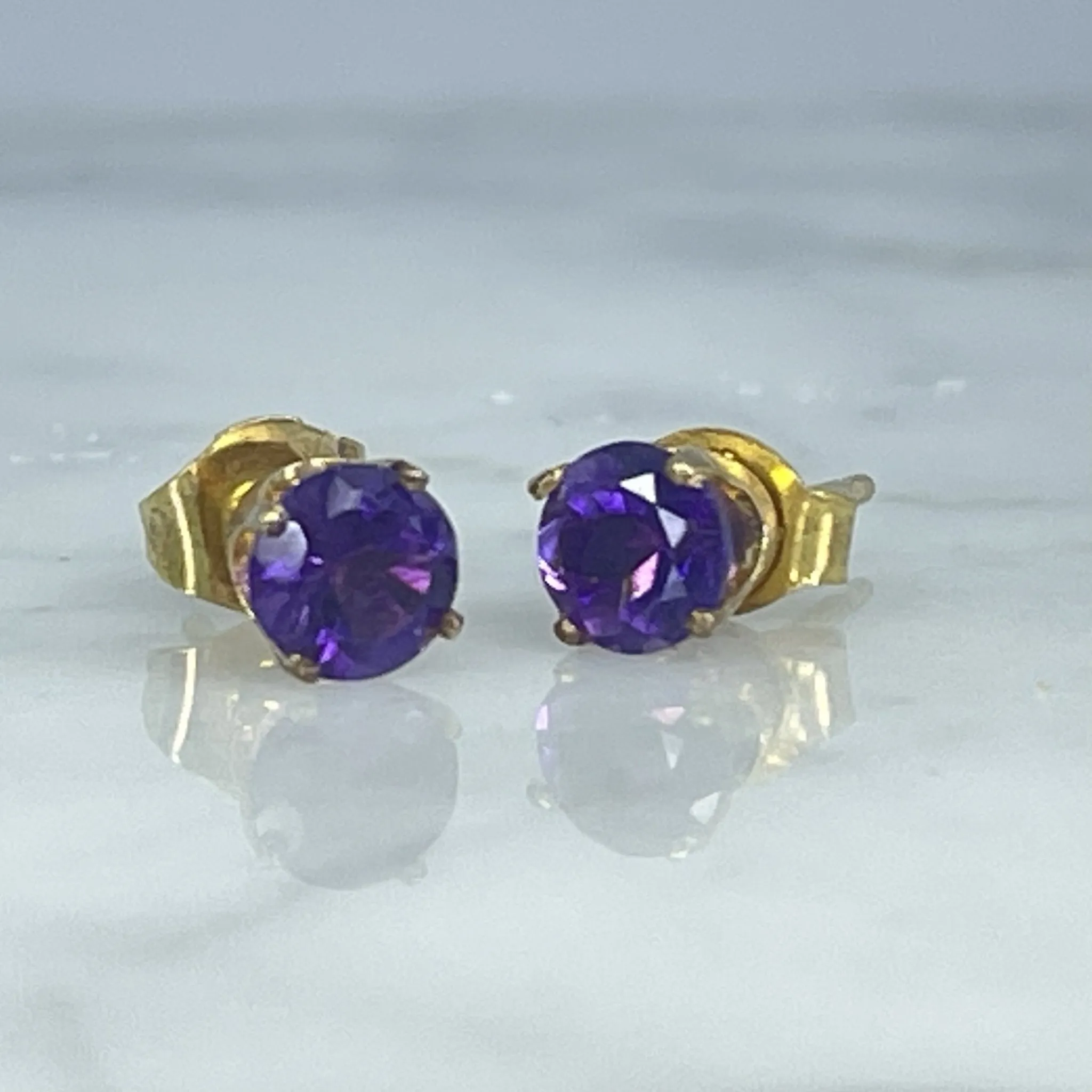 Vintage Amethyst Petite Round Earrings set in 14K Gold. February Birthstone. 6th Anniversary.