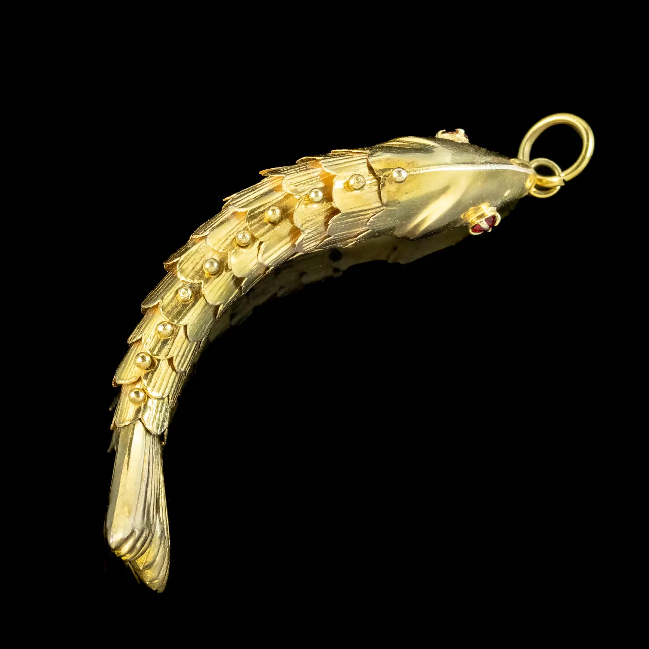 Vintage Articulated Fish Pendant 14ct Gold Garnet Eyes