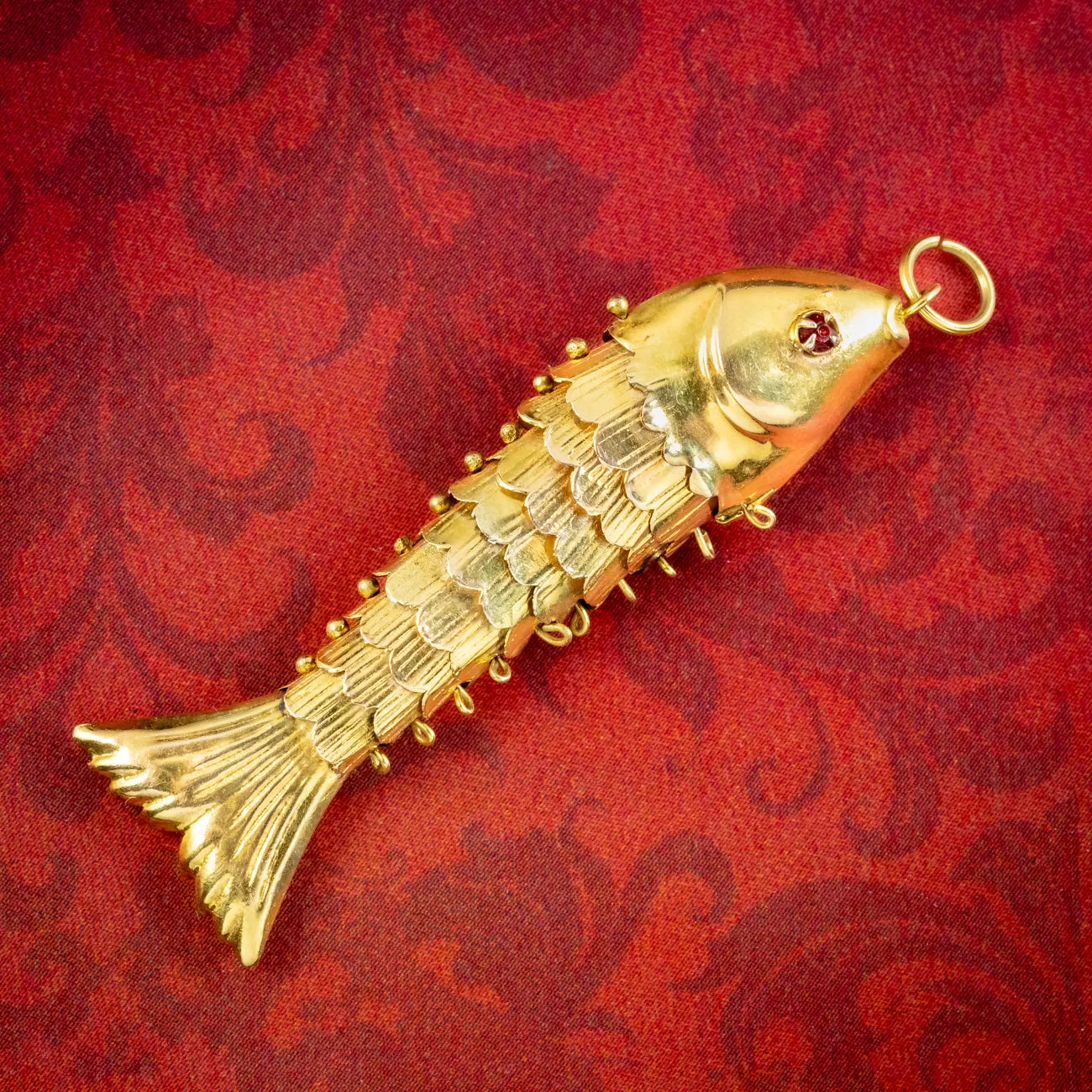 Vintage Articulated Fish Pendant 14ct Gold Garnet Eyes