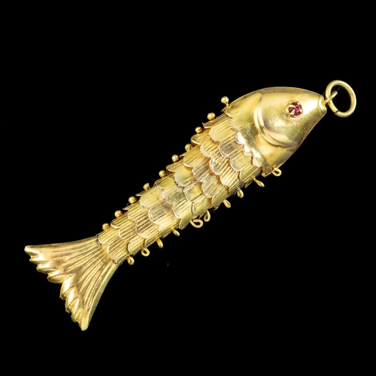 Vintage Articulated Fish Pendant 14ct Gold Garnet Eyes