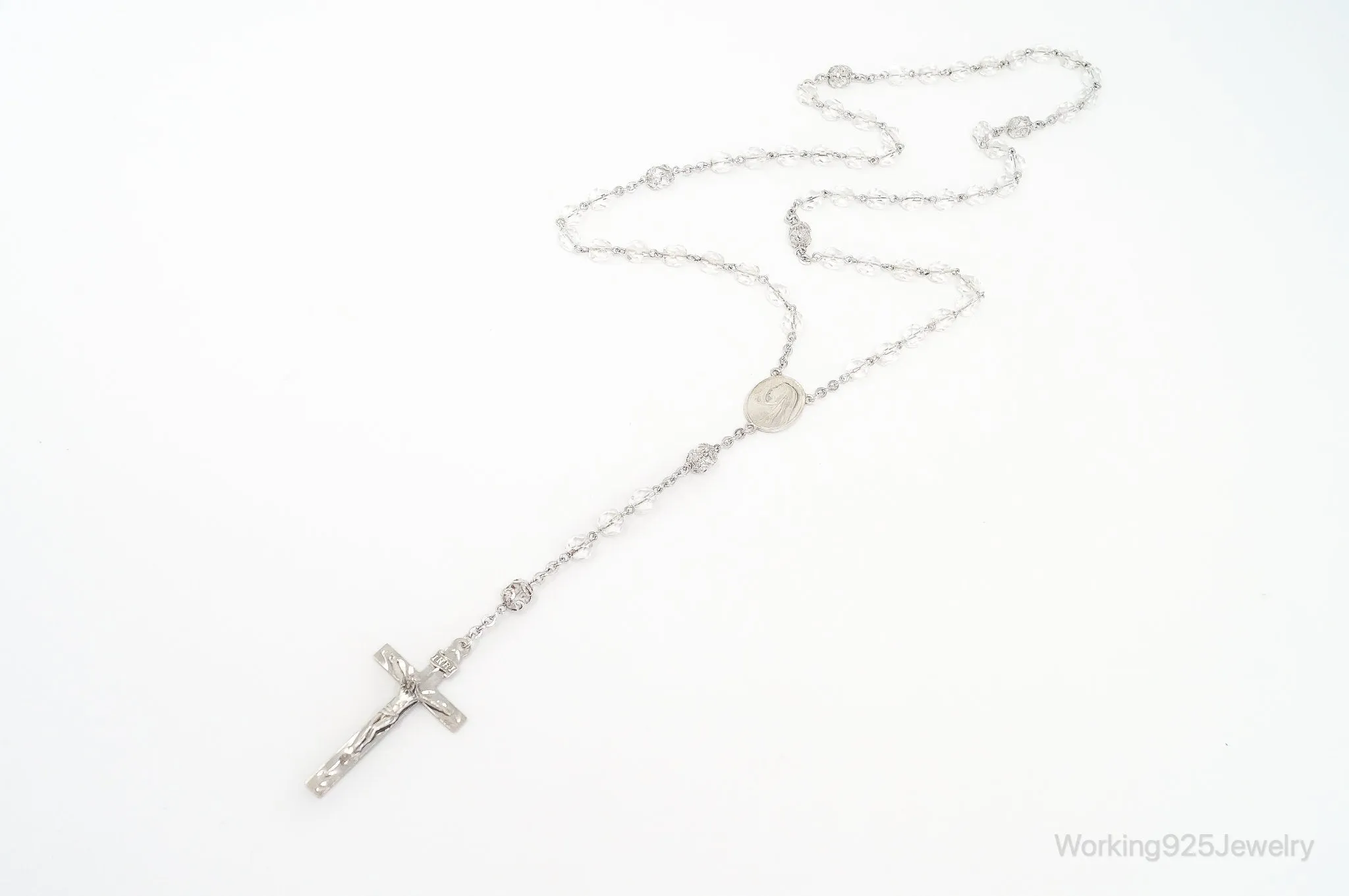 Vintage Crystal Beaded Rosary Cross Sterling Silver Necklace