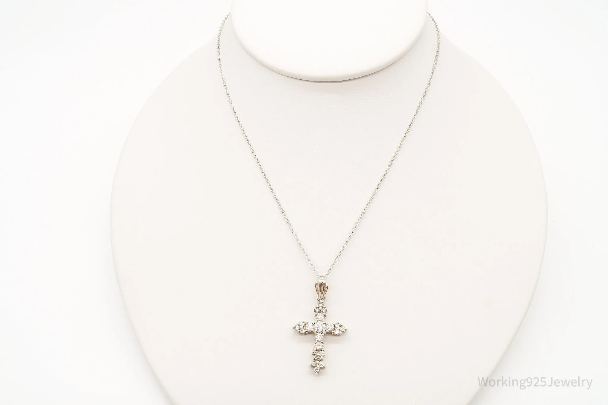 Vintage Cubic Zirconia Cross Sterling Silver Chain Necklace