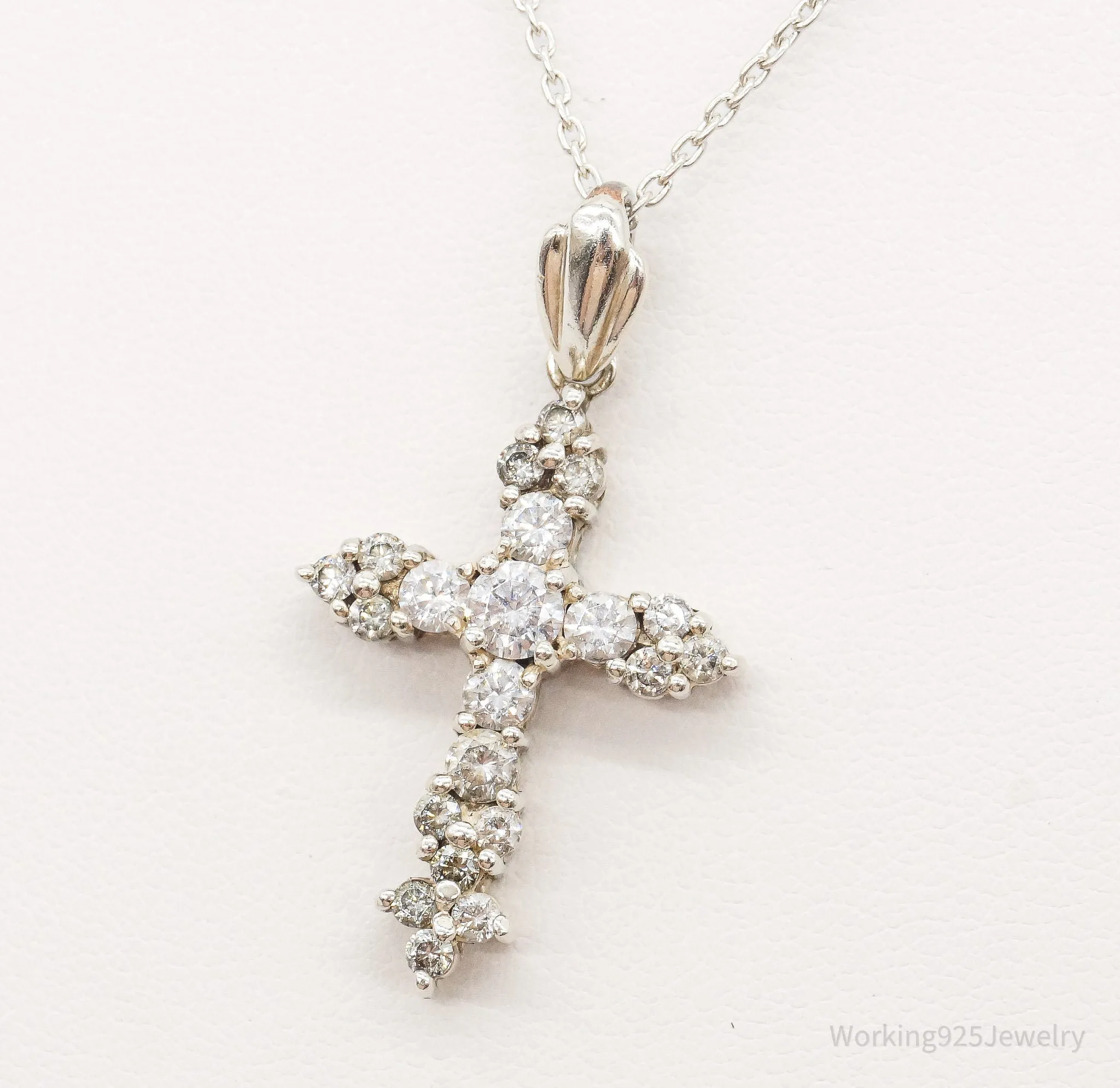 Vintage Cubic Zirconia Cross Sterling Silver Chain Necklace