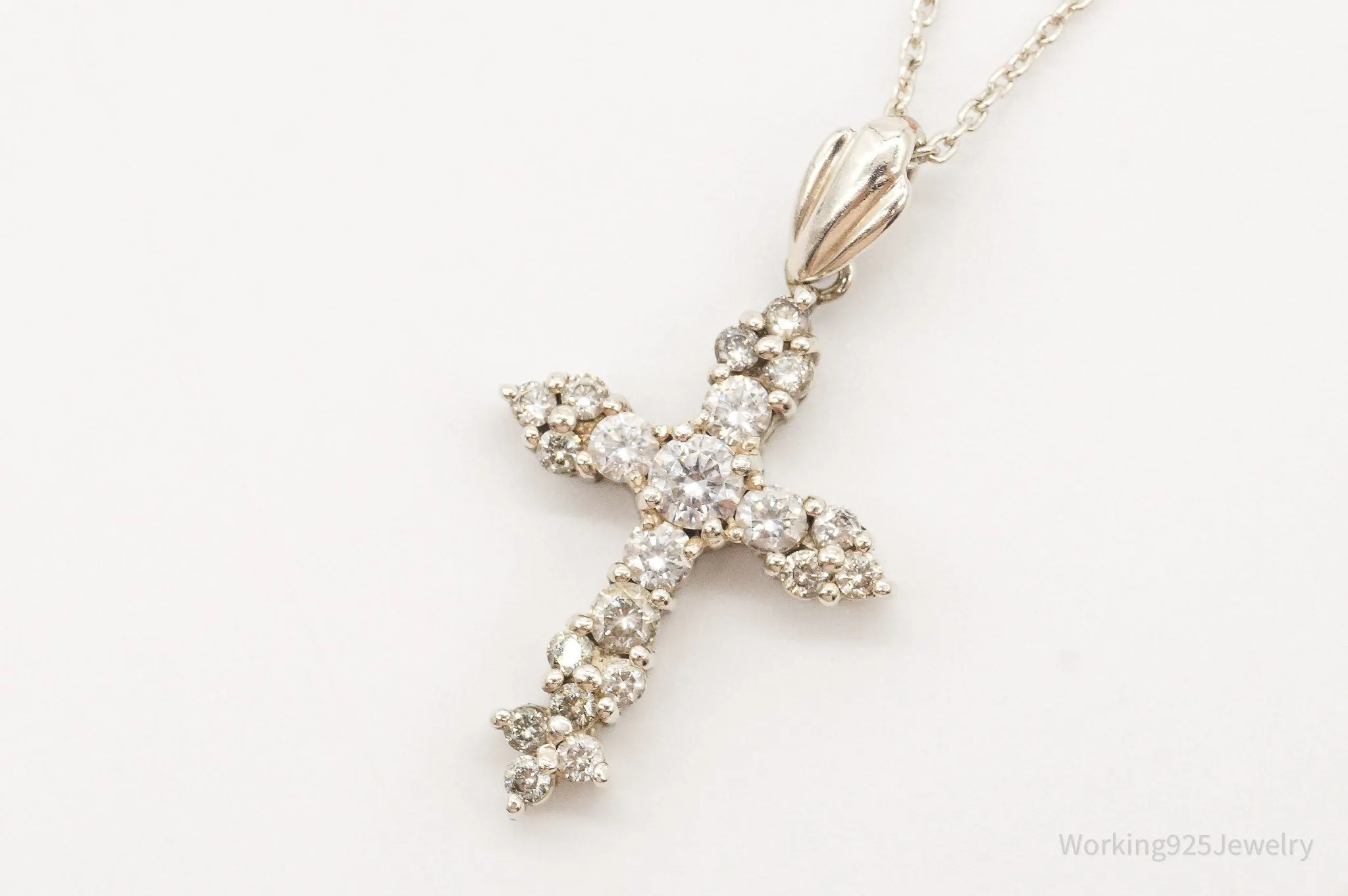 Vintage Cubic Zirconia Cross Sterling Silver Chain Necklace