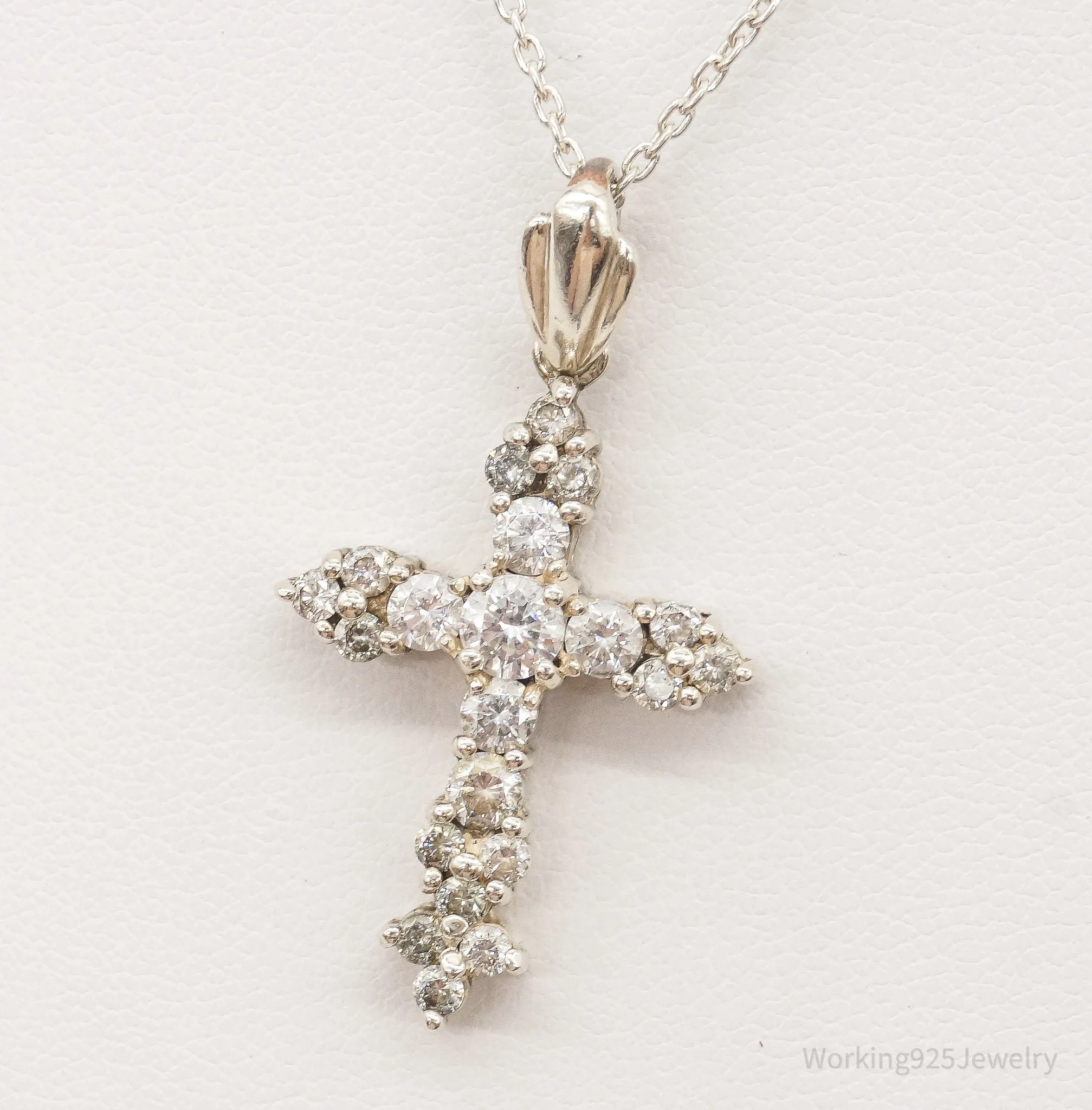 Vintage Cubic Zirconia Cross Sterling Silver Chain Necklace