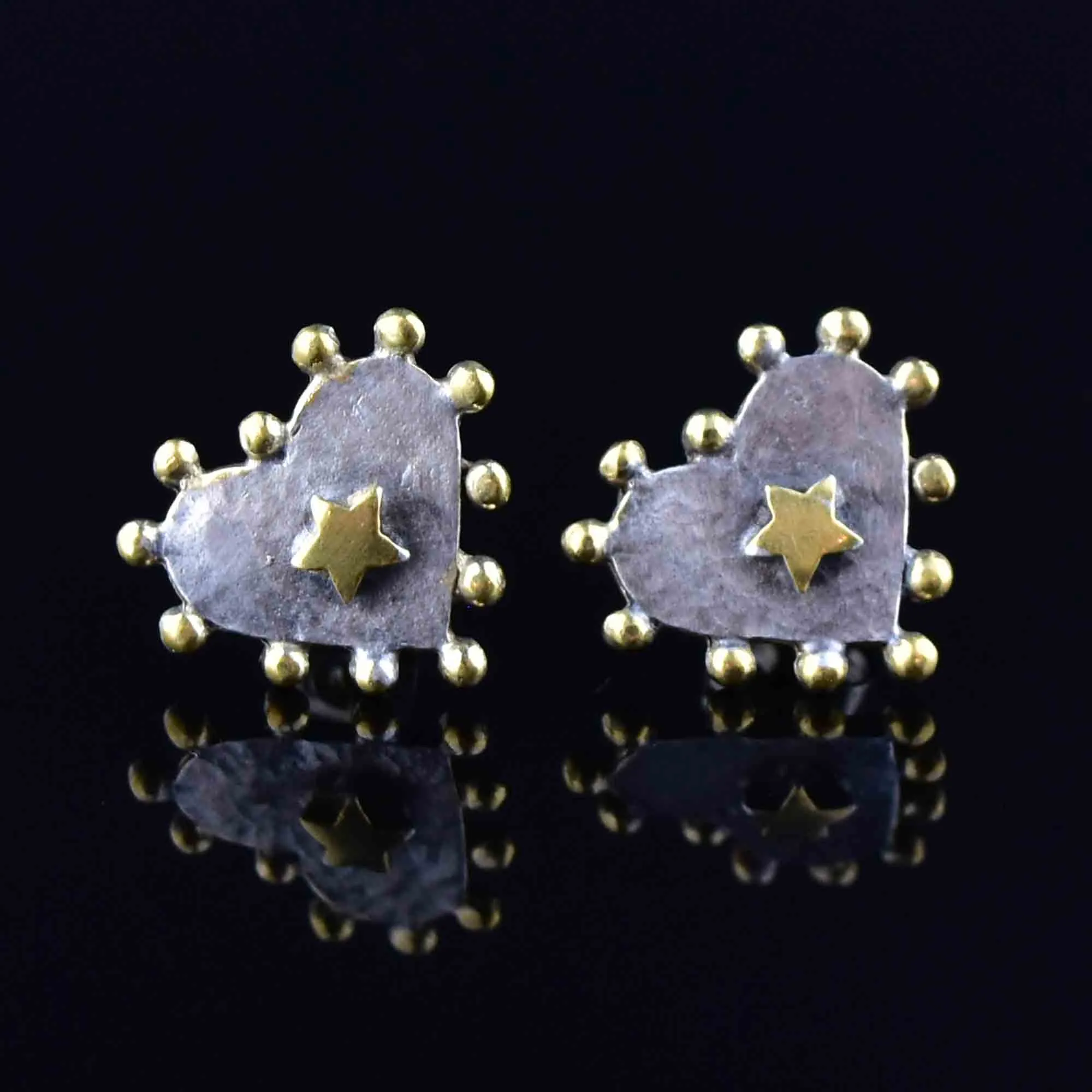 Vintage Gold Star Hammered Silver Heart Stud Earrings