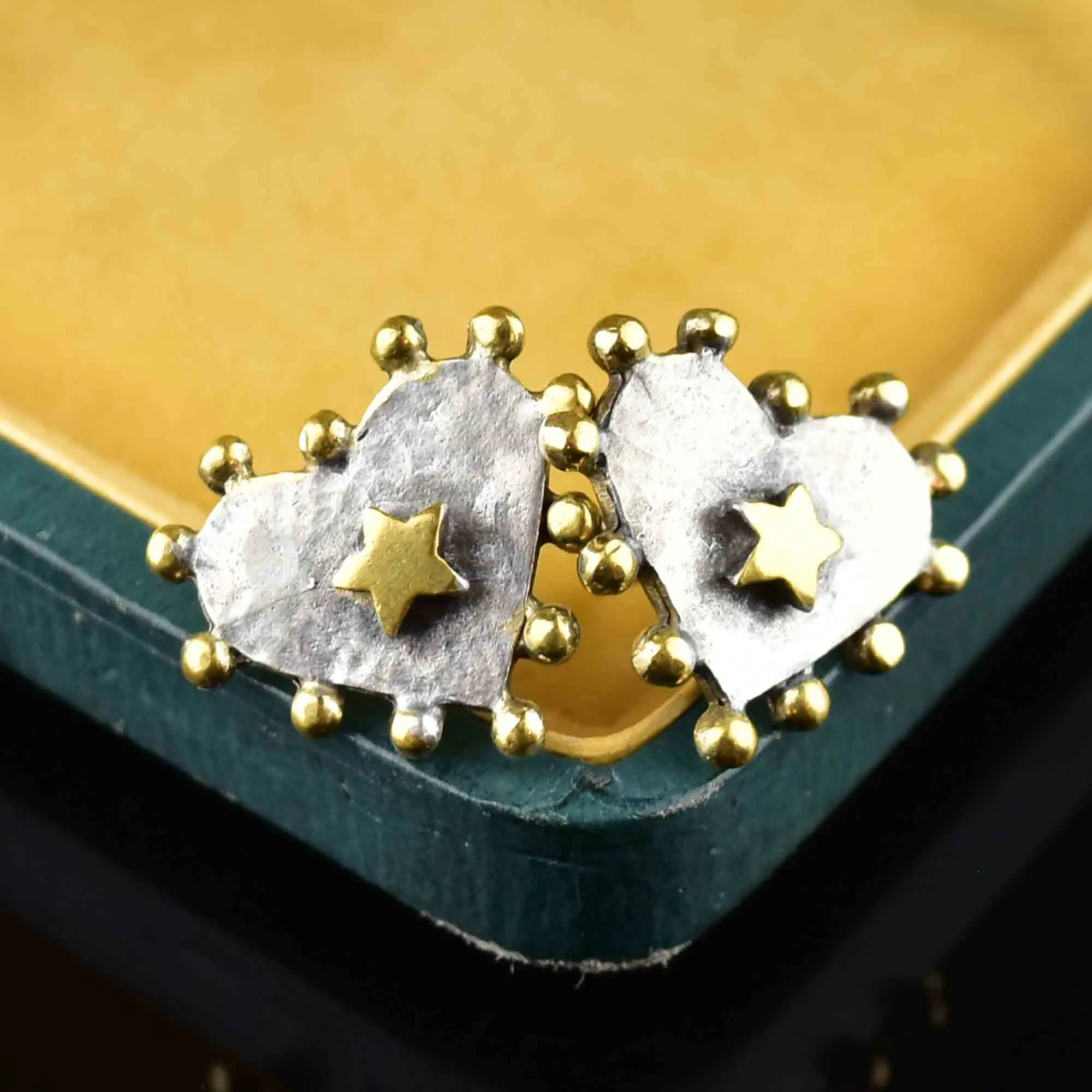 Vintage Gold Star Hammered Silver Heart Stud Earrings