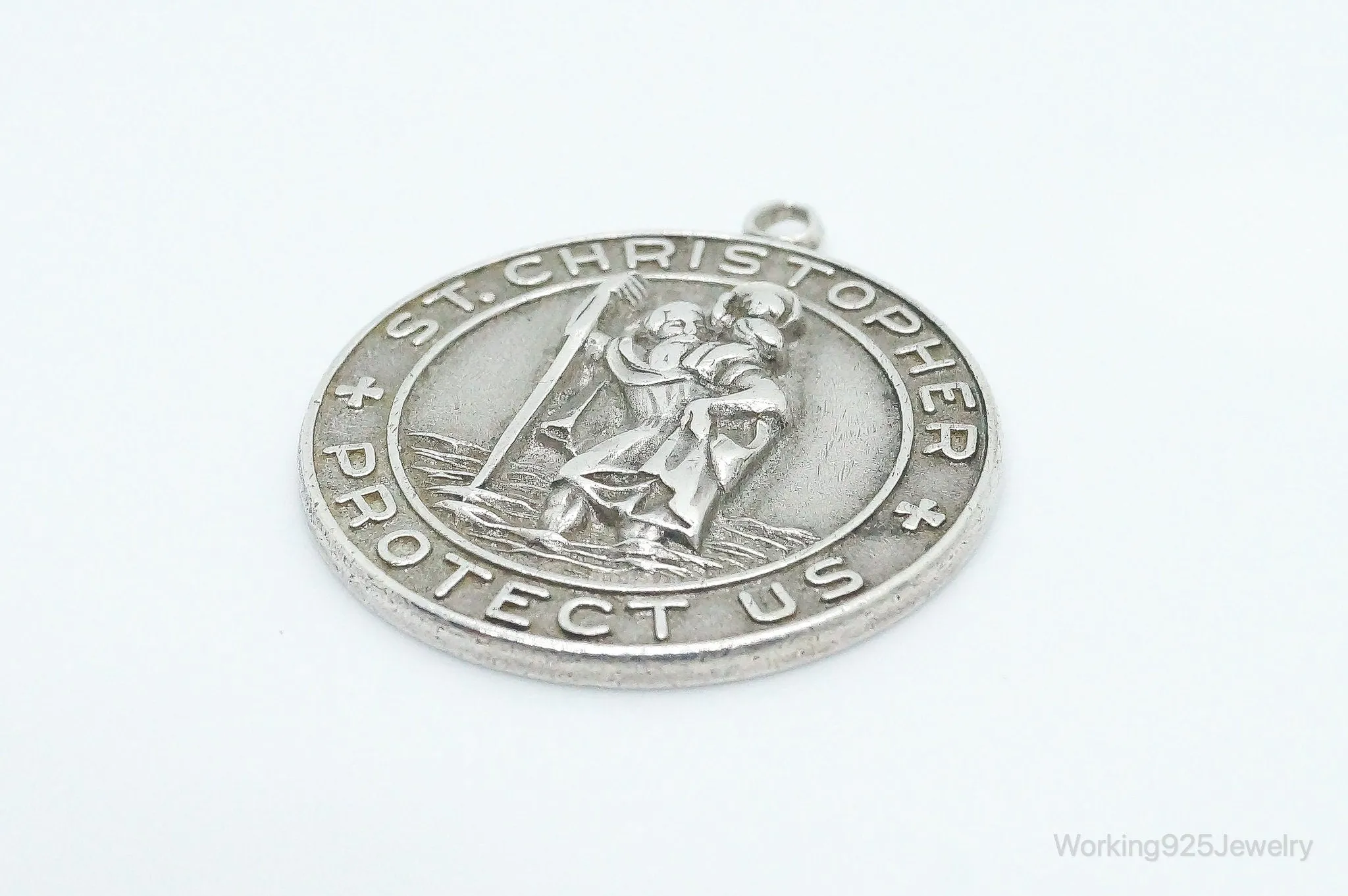 Vintage HBF Saint Christopher Protect Us Sterling Silver Pendant / Charm