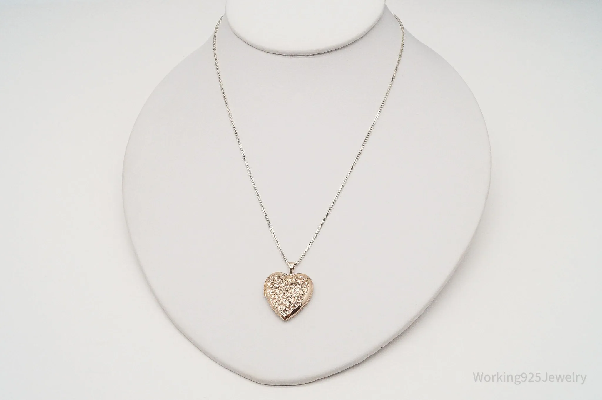 Vintage Heart Picture Locket Rose Gold Vermeil Sterling Silver Necklace 20"