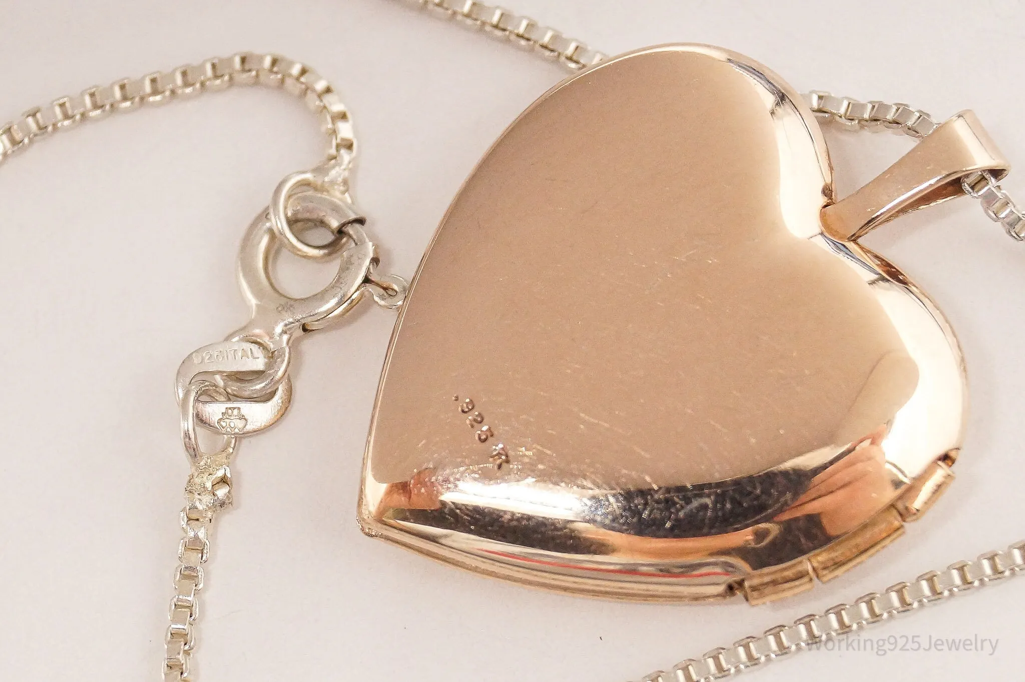 Vintage Heart Picture Locket Rose Gold Vermeil Sterling Silver Necklace 20"