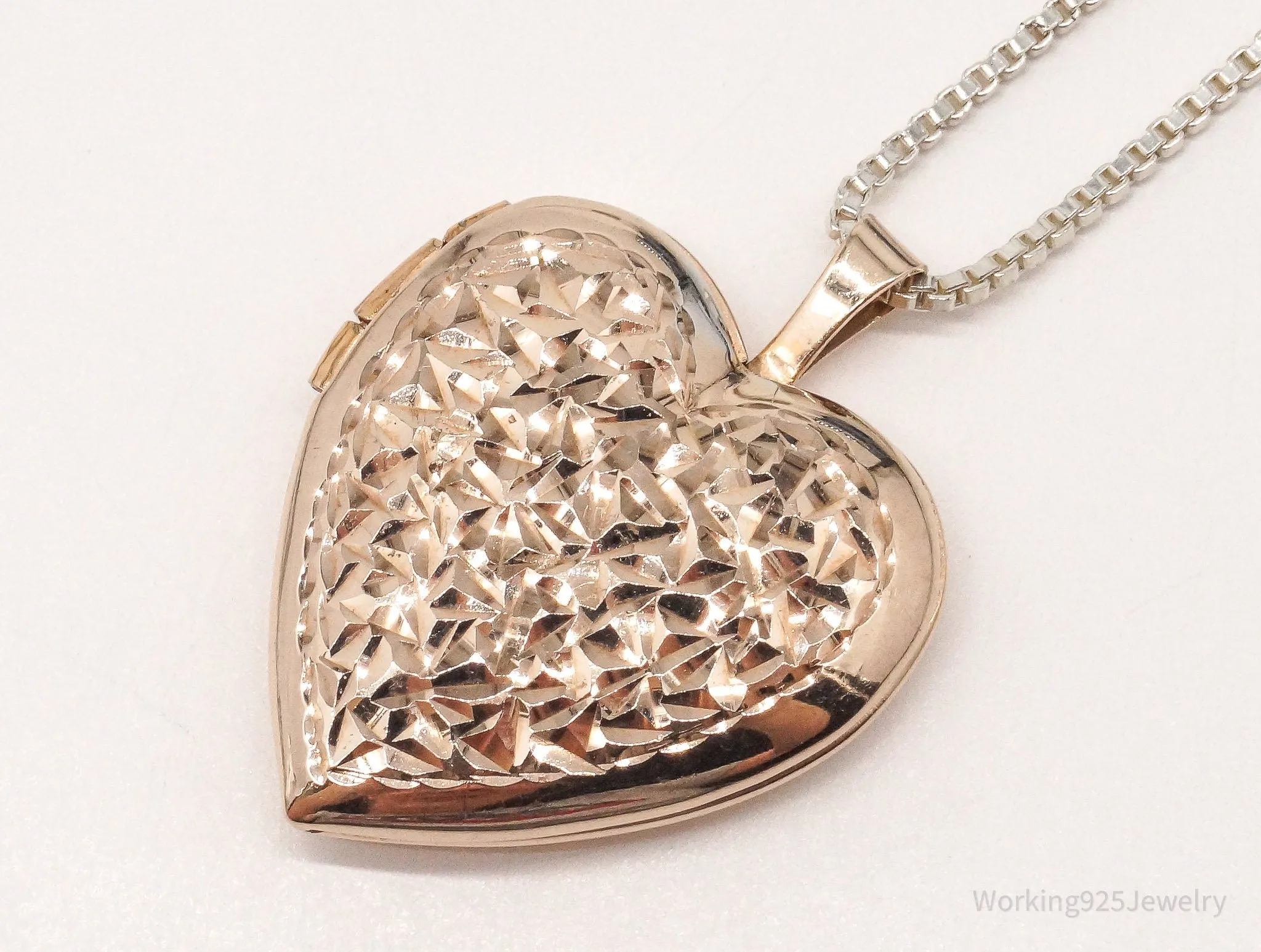 Vintage Heart Picture Locket Rose Gold Vermeil Sterling Silver Necklace 20"