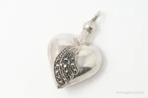 Vintage Marcasite Perfume Flask Bottle Heart Sterling Silver Pendant