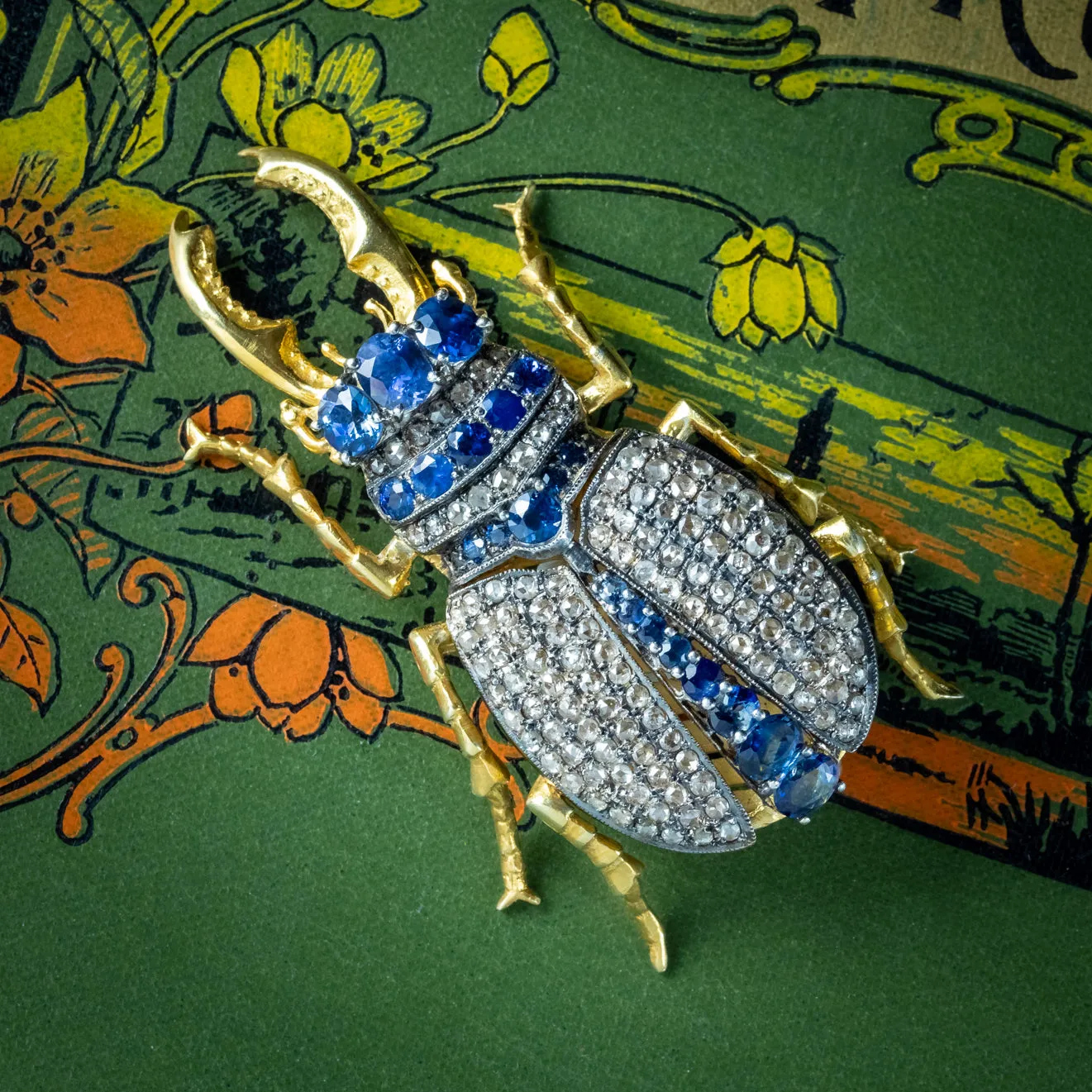 Vintage Sapphire Diamond Stag Beetle Brooch Pendant 18ct Gold 3ct Of Diamond 3ct Of Sapphire