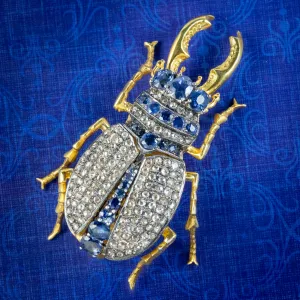 Vintage Sapphire Diamond Stag Beetle Brooch Pendant 18ct Gold 3ct Of Diamond 3ct Of Sapphire