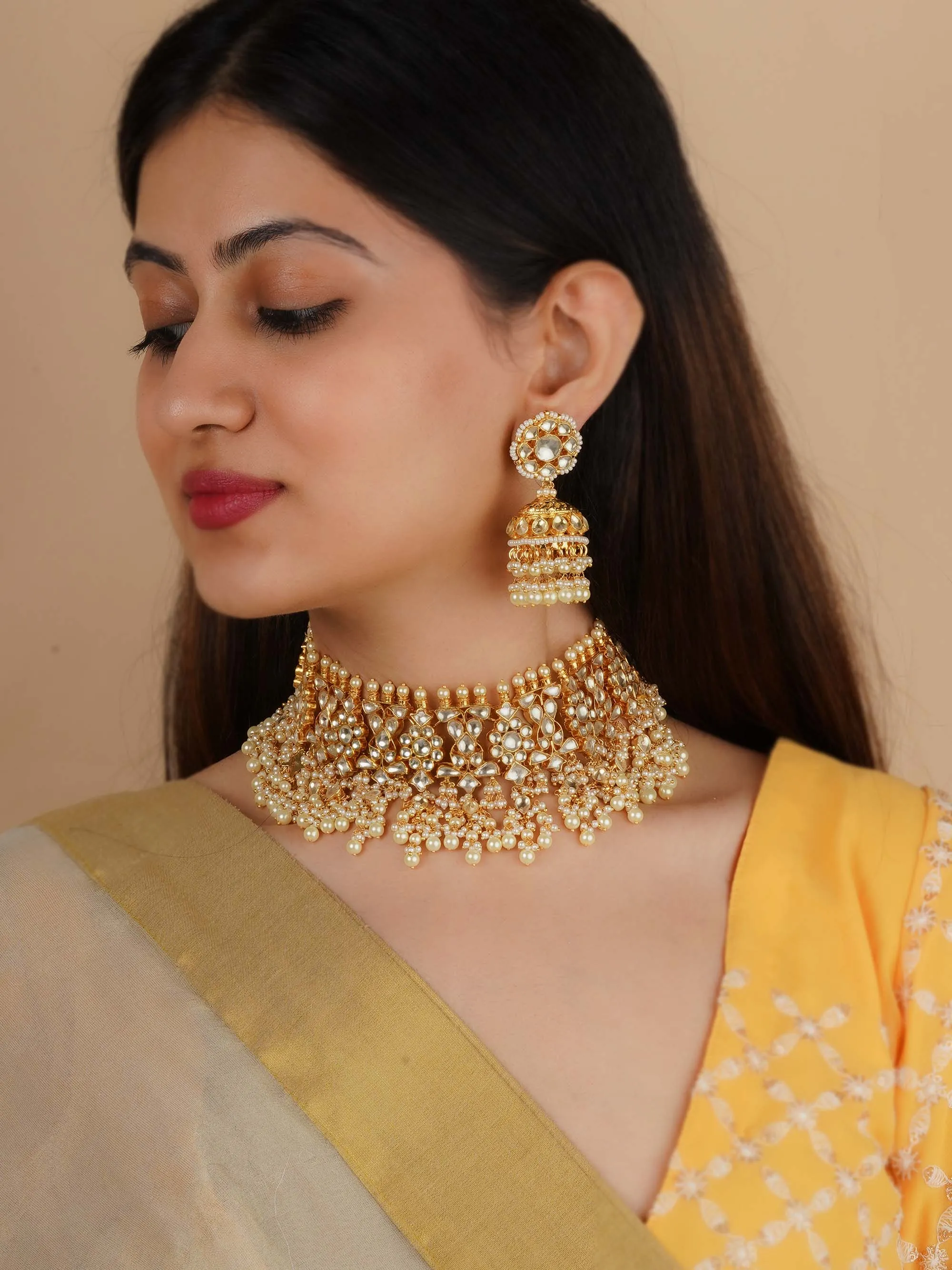 White Color Gold Plated Jadau Kundan Necklace Set - MS1222YA