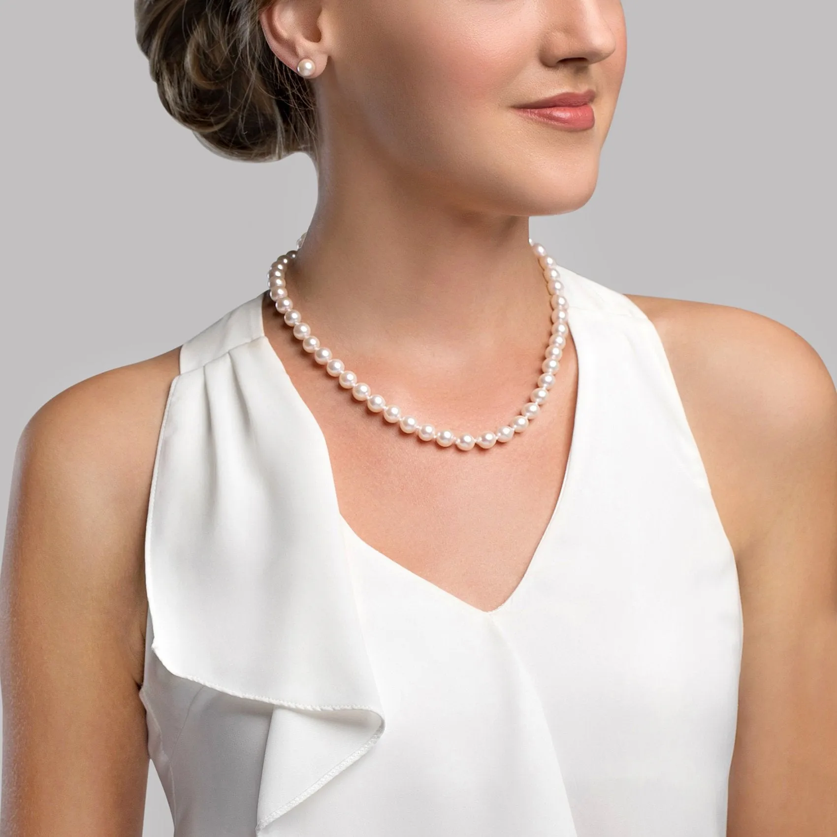 White Japanese Akoya Pearl Necklace & Earring 2-Piece Set, 8.0-8.5mm