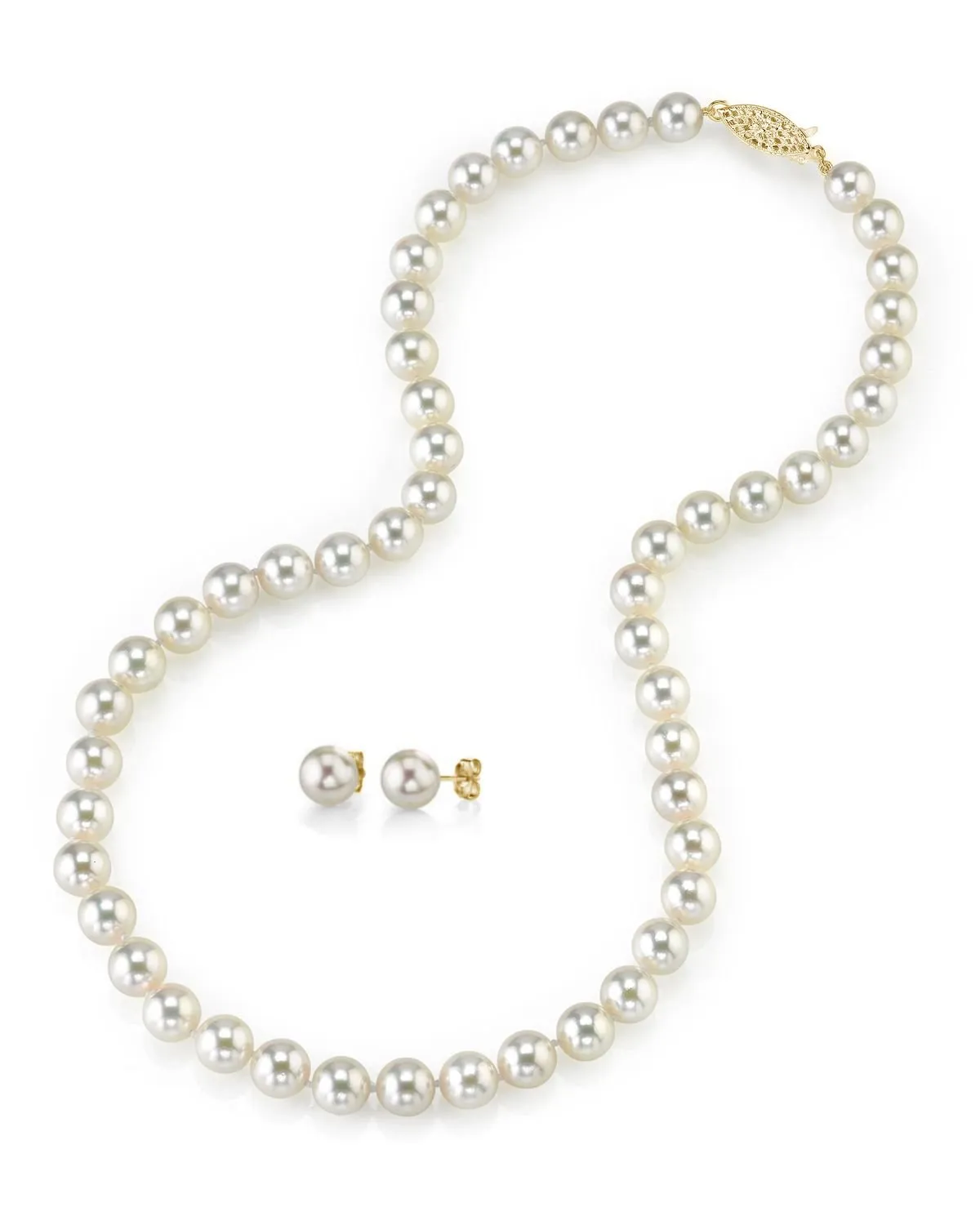 White Japanese Akoya Pearl Necklace & Earring 2-Piece Set, 8.0-8.5mm