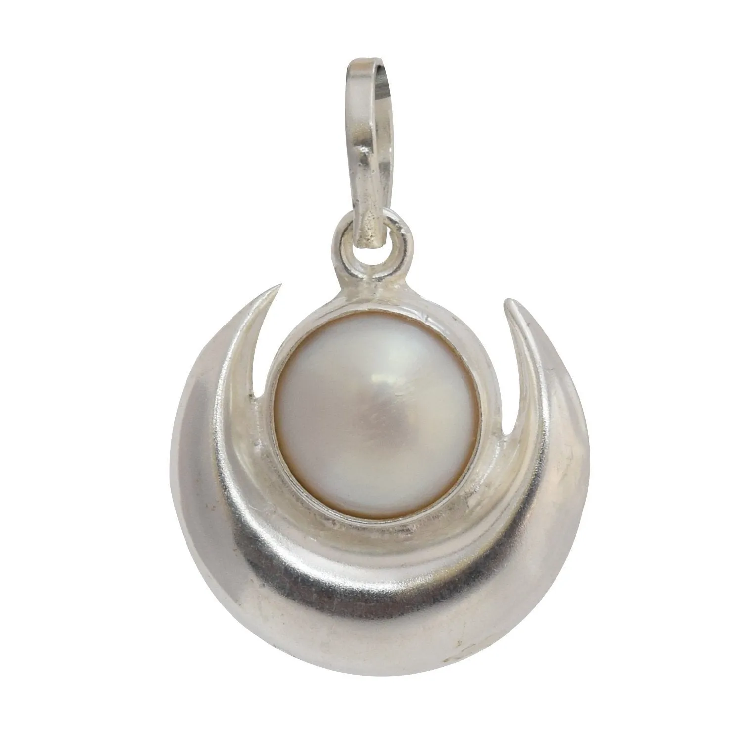 White Sterling-Silver Half Moon Shape Pendant with Natural Pearl Chand Moti Locket for Men and Women